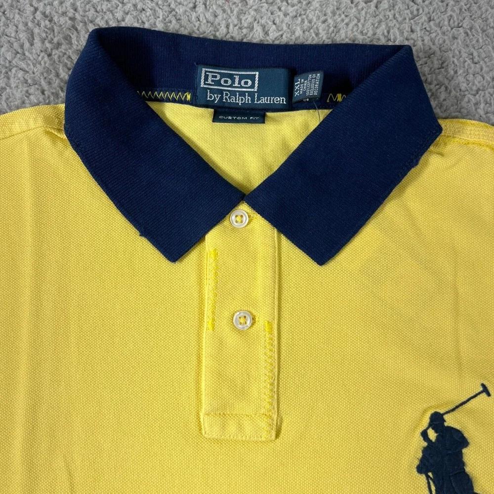 Polo Ralph Lauren Polo Shirt Men XXL Yellow Navy Big Pony Custom Fit Vintage NWT